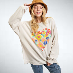 Easel 100% Cotton Floral Heart Sweatshirt in Khaki Size S